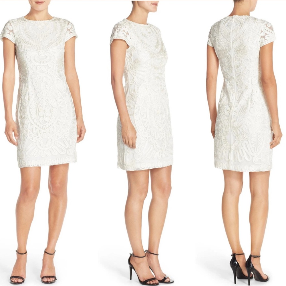 JS Collections Embroidered Cap Sleeve Soutache Sheer Mini Dress